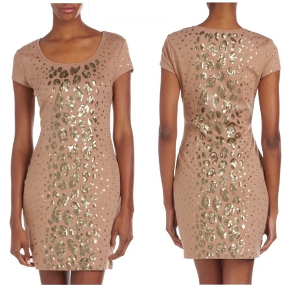 Bcbg Maxazria Leopard Spangles Jersey Stretch Bodycon Dress Camel Tan Size S - Picture 9 of 9